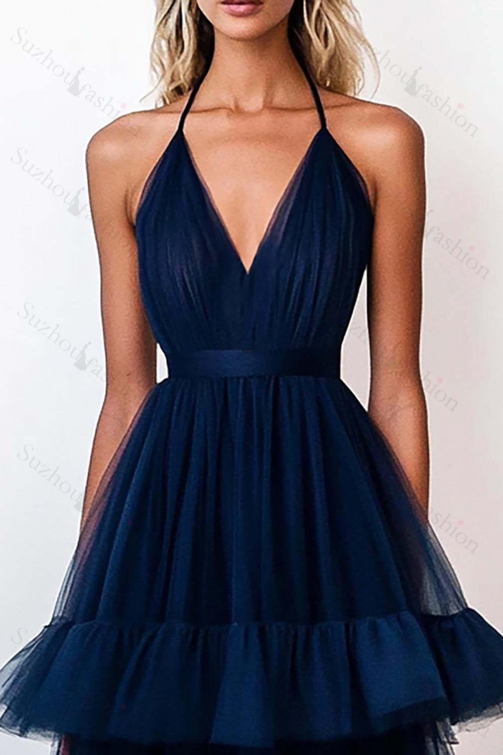 Navy Prom Dress Tulle Halter Long A Line Tiered Formal Dress With Ruffles