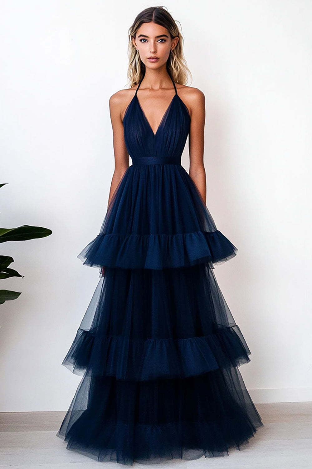 Navy Prom Dress Tulle Halter Long A Line Tiered Formal Dress With Ruffles