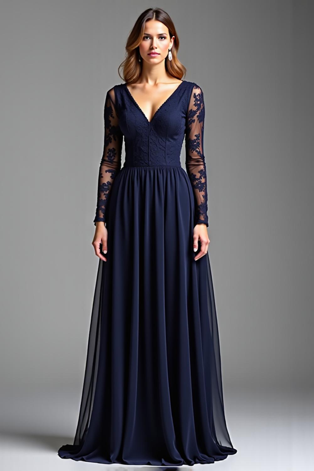 Navy Wedding Guest Dress Chiffon V-Neck Long Formal Dress With Long Sleeves