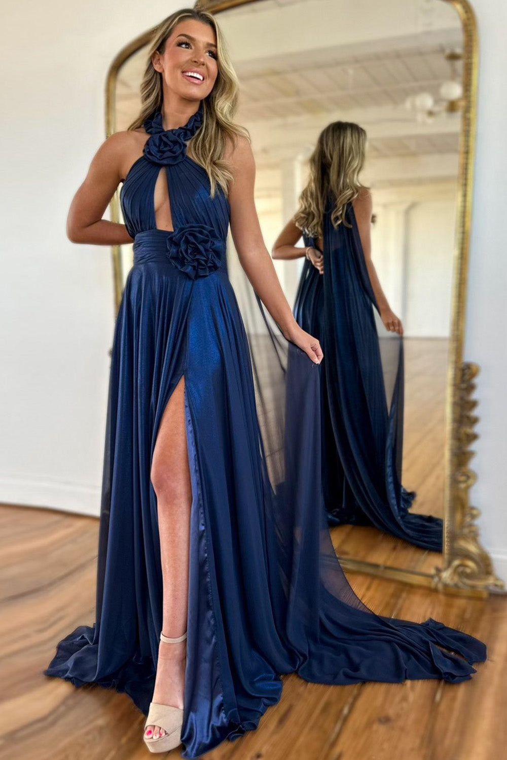 Navy A-Line Halter Neck Long Satin Prom Dress with Ribbons and Slit - FashionDia