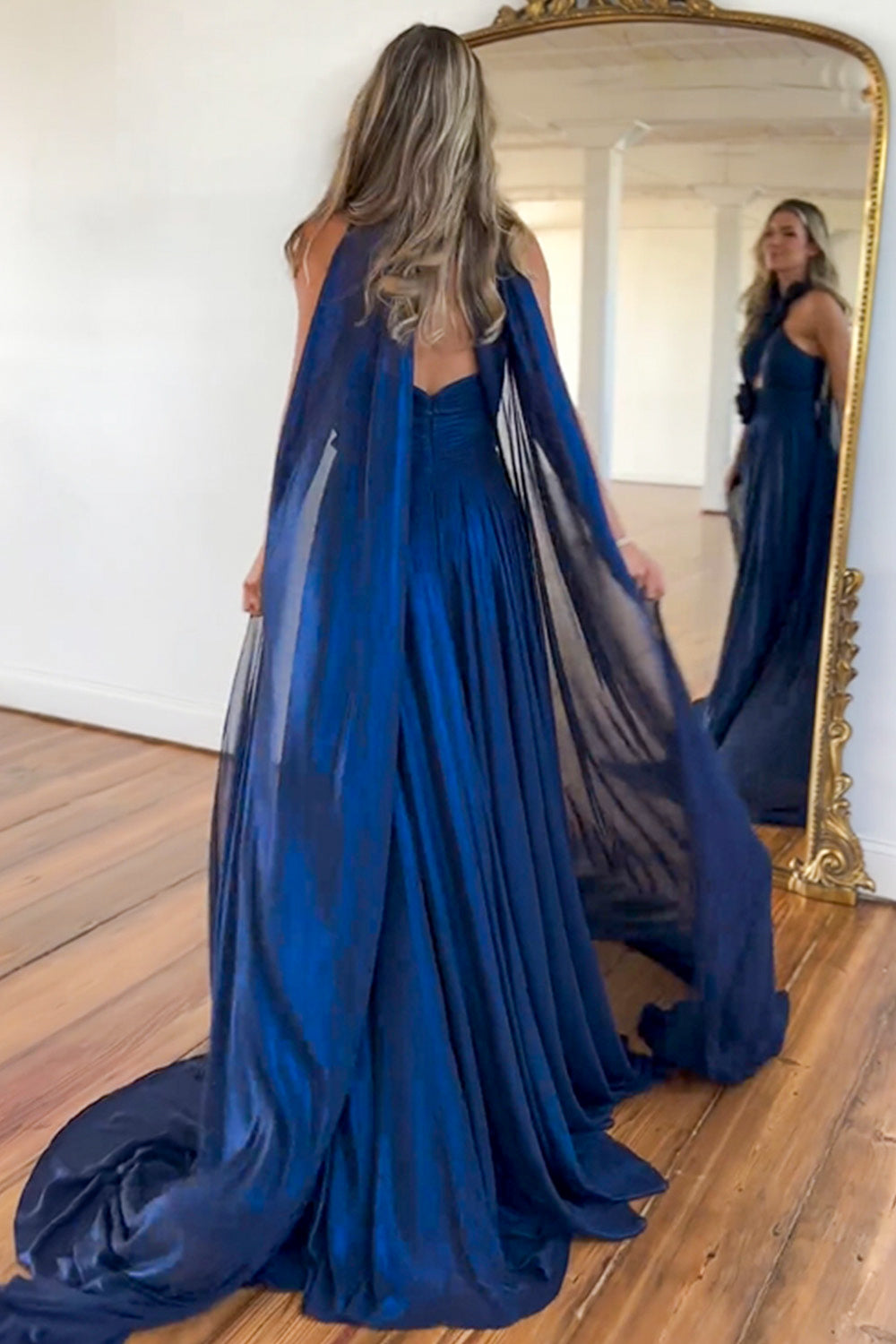 Navy A-Line Halter Neck Long Satin Prom Dress with Ribbons and Slit - View 2 | FashionDia
