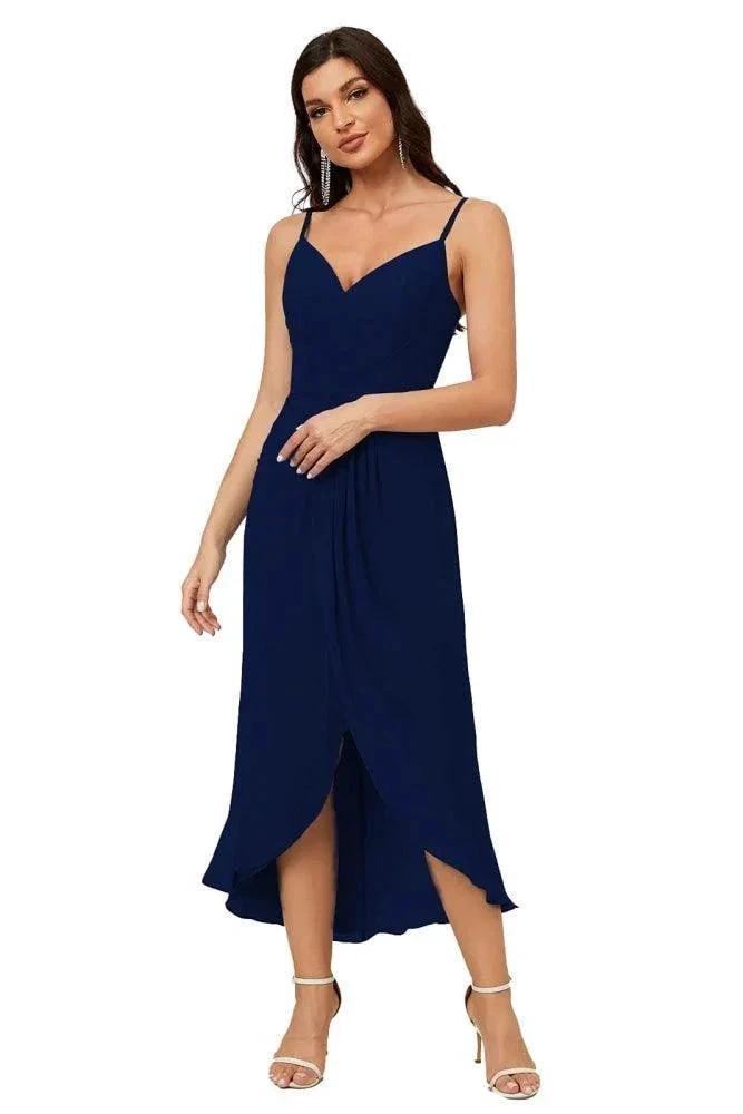 Numbersea Spaghetti Chiffon V Neck Bridesmaid Dress Mid-Length Slit Formal Prom Dress Homecoming Dress 2803 by numbersea