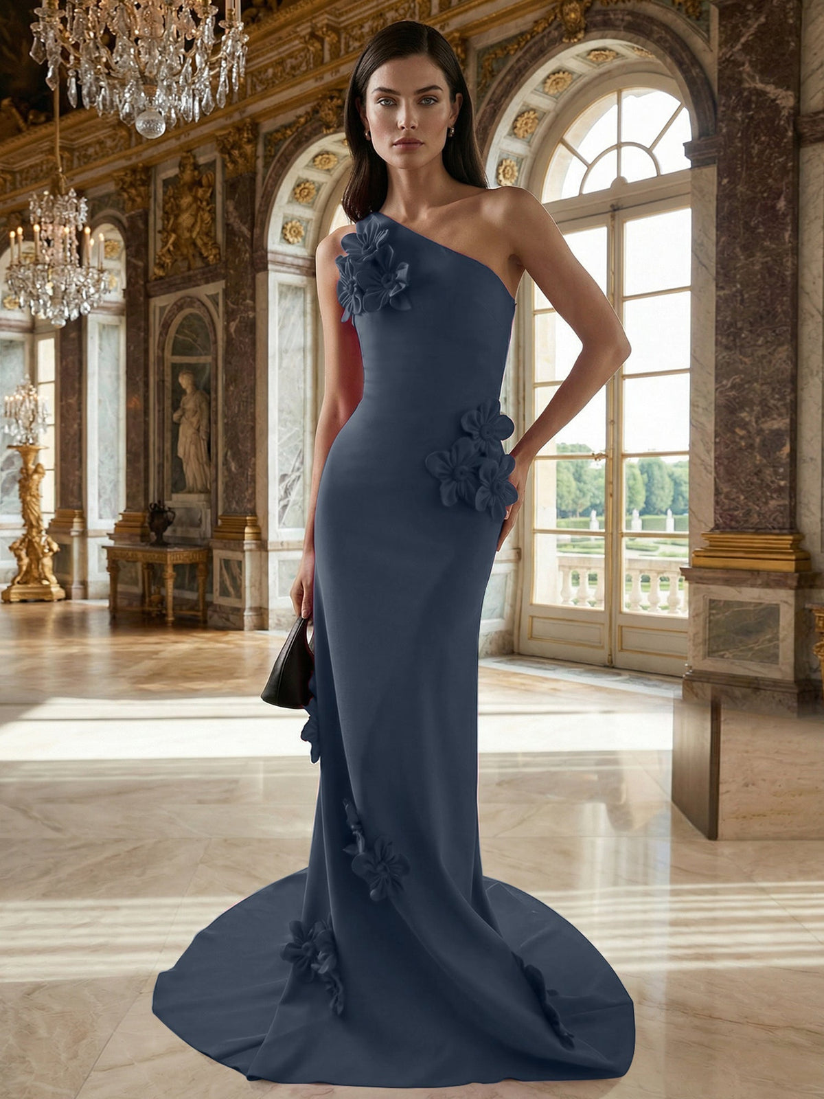 A-Line One-Shoulder Sleeveless Floor-Length Stretch Crepe Dress With 3D Flowers