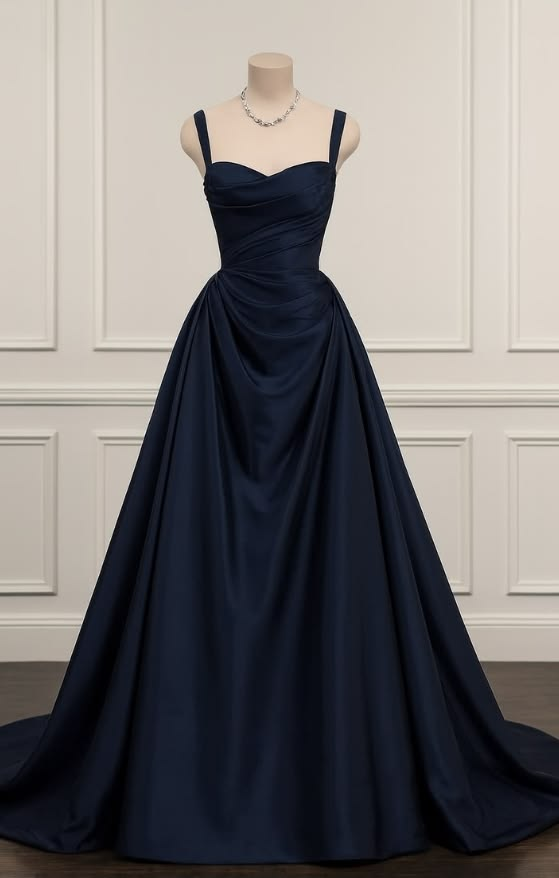 Navy Blue A-Line Satin Prom Dress Formal Evening Dress