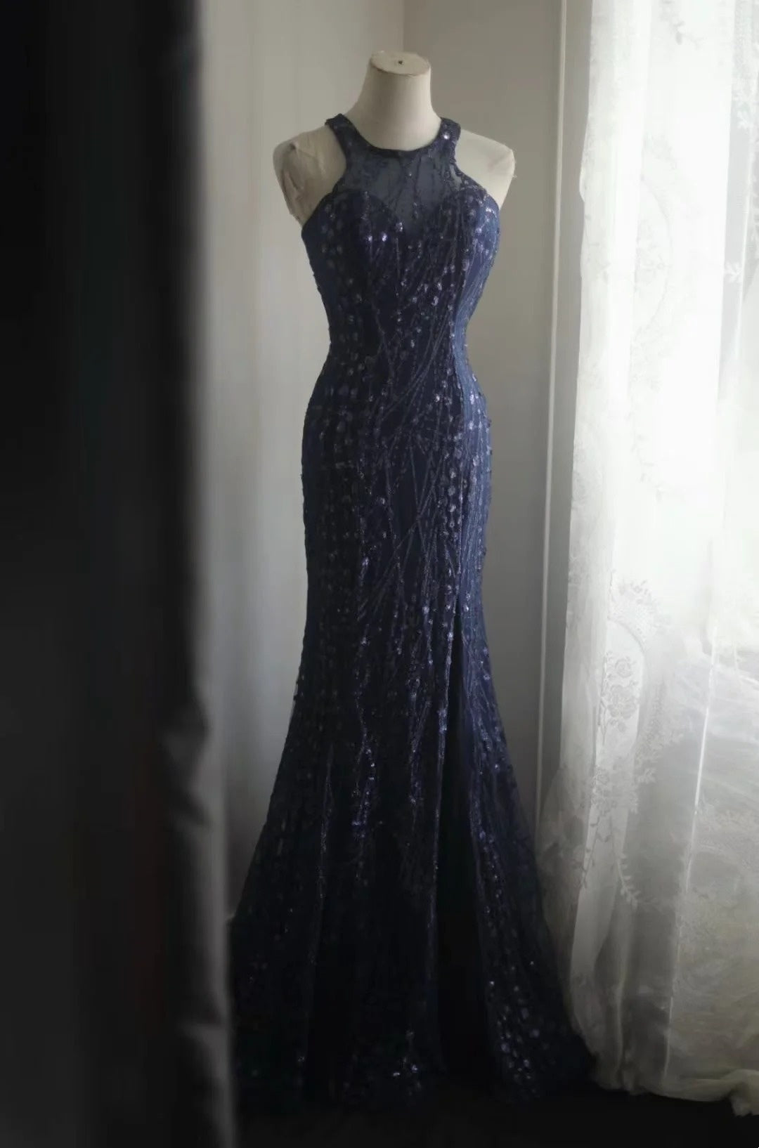 Navy Blue Mermaid Formal Prom Dress Lace Evening Gown J10806