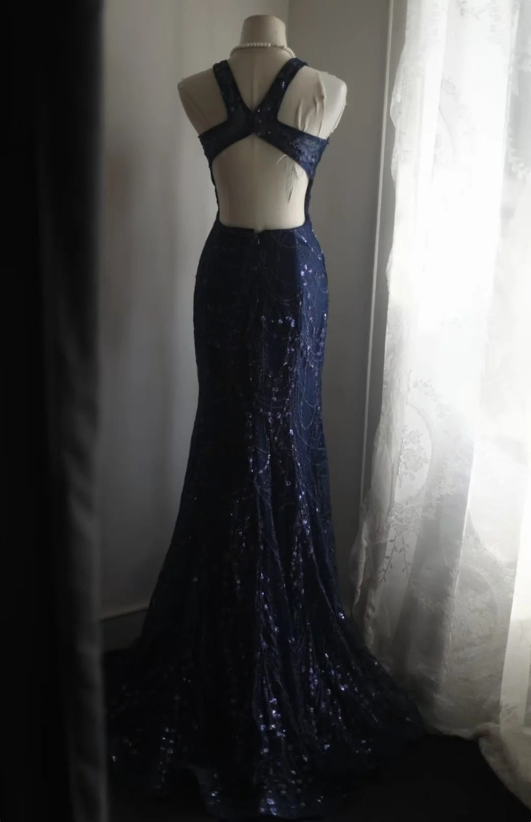 Navy Blue Mermaid Formal Prom Dress Lace Evening Gown J10806