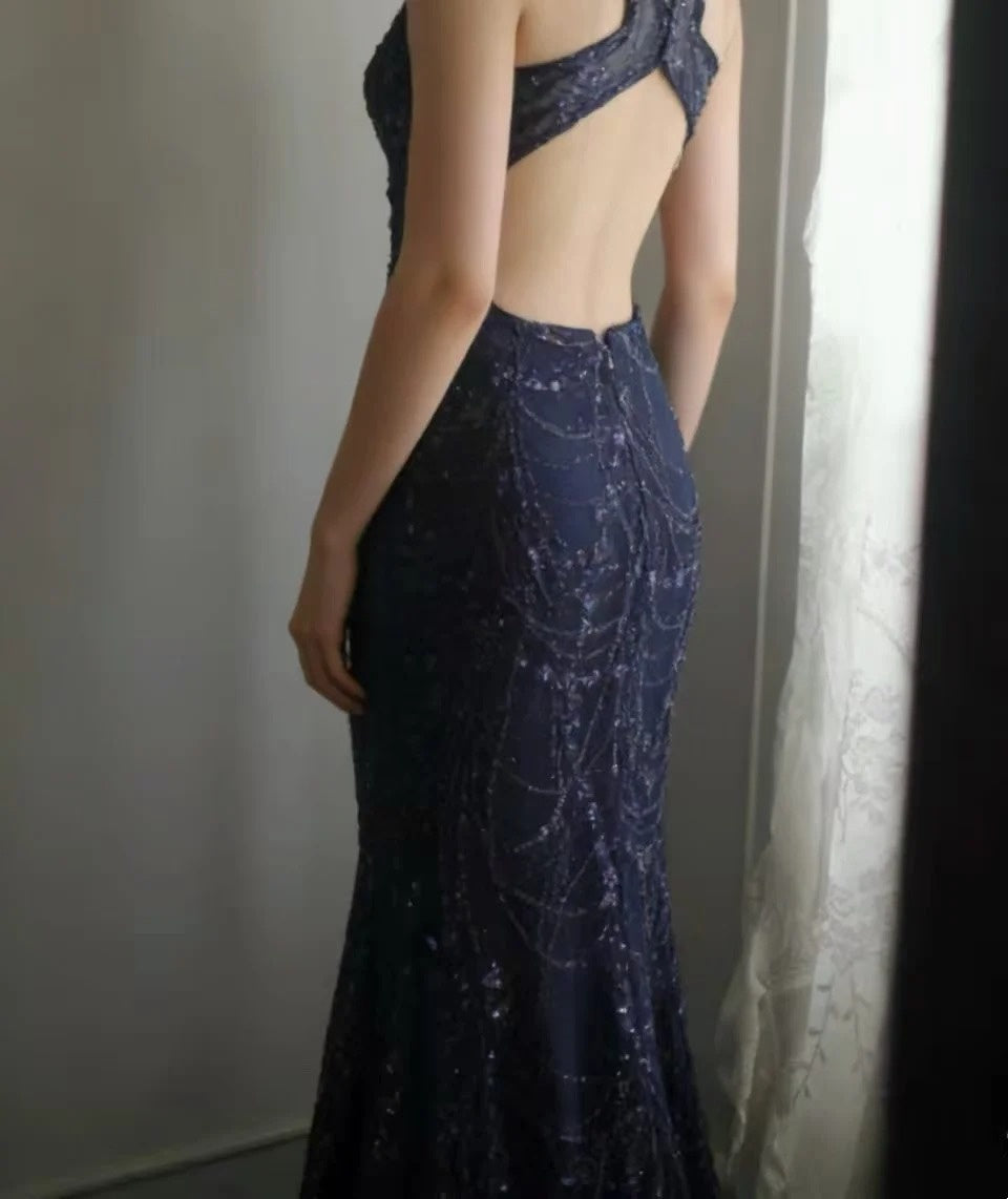 Navy Blue Mermaid Formal Prom Dress Lace Evening Gown J10806