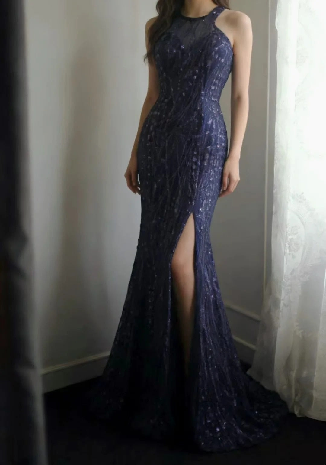 Navy Blue Mermaid Formal Prom Dress Lace Evening Gown J10806