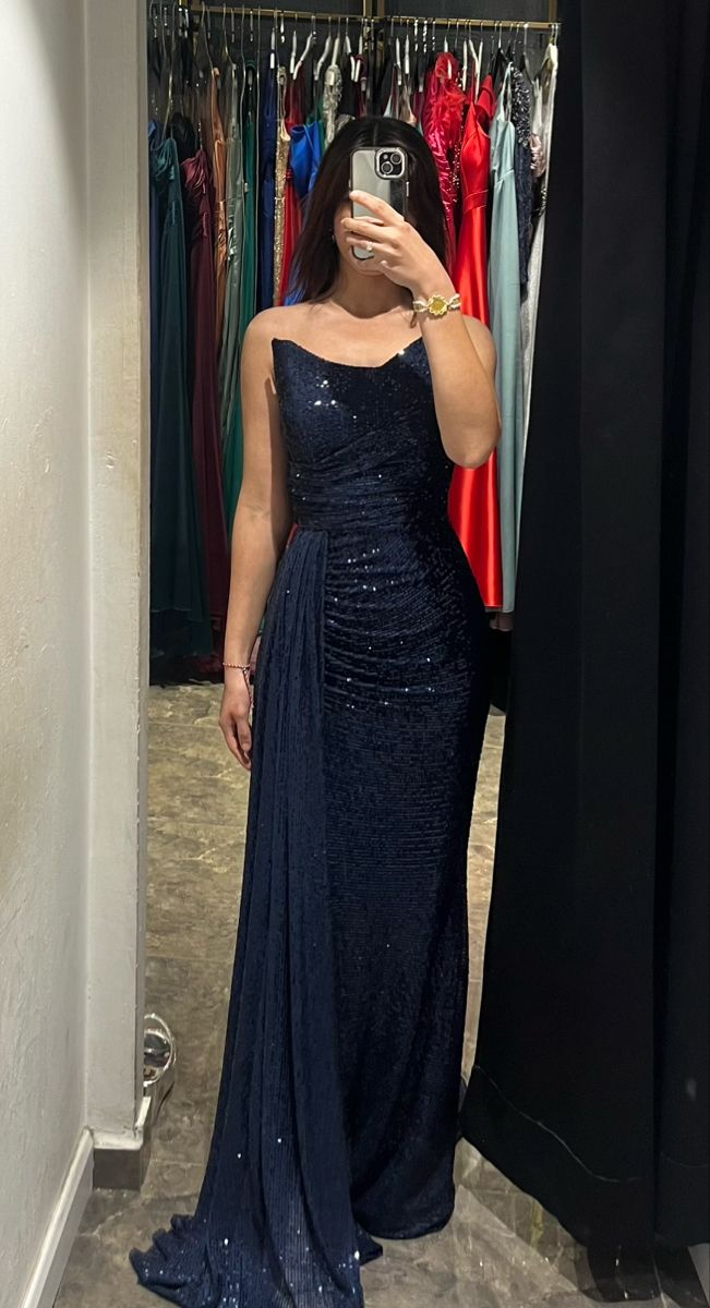 Navy Blue Sequin Formal Prom Dress Sparkle Evening Dress