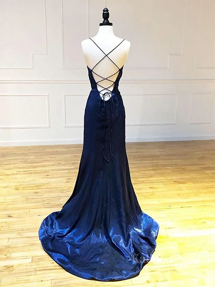 Navy Blue Sheath Prom Dress With Slit Open Back Evening Dress
