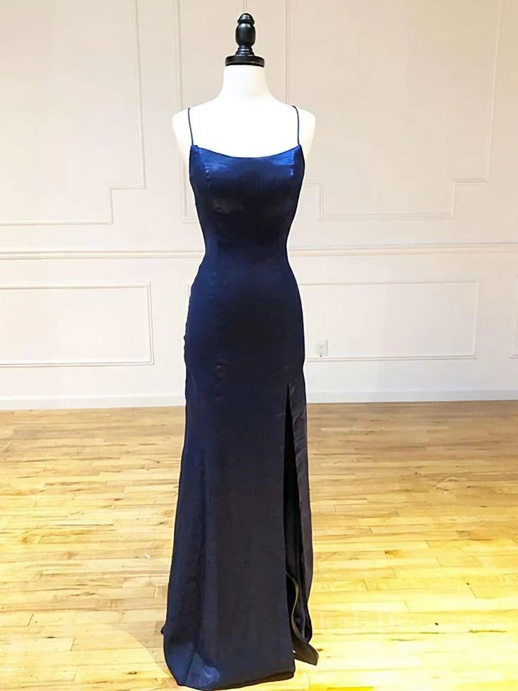 Navy Blue Sheath Prom Dress With Slit Open Back Evening Dress