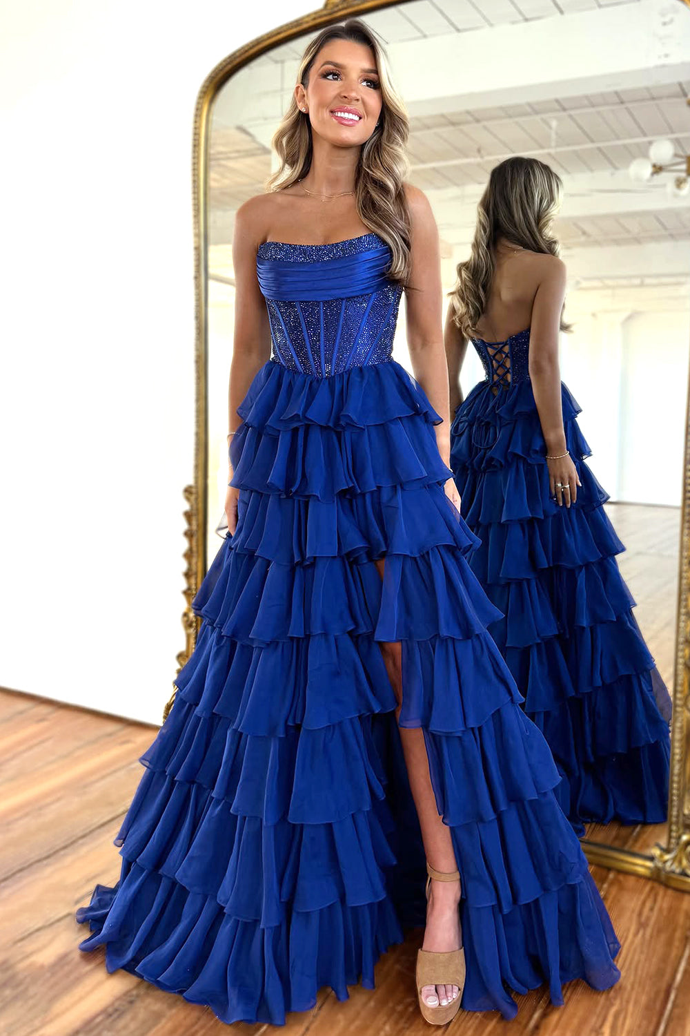Gorgeous Royal Blue A-Line Sparkly Long Layered Chiffon Prom Dress With Slit