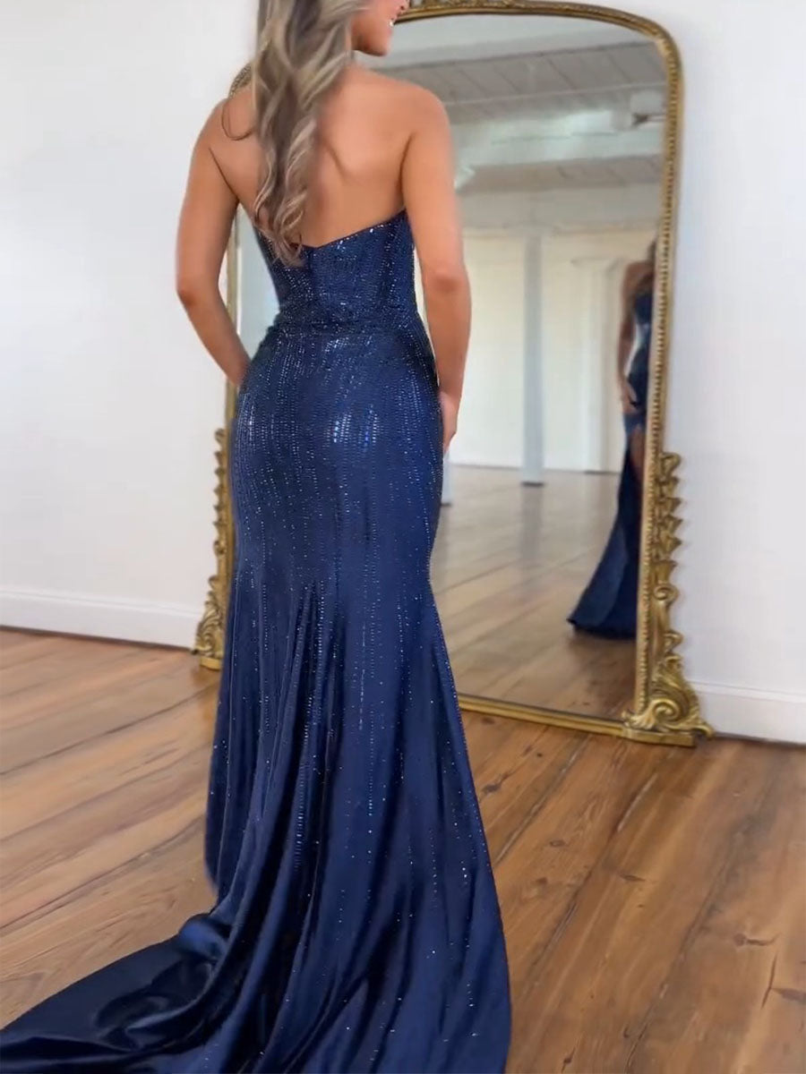 Navy Blue Strapless Sequin Prom Dress with Linear Beading - View 5 | FashionDia
