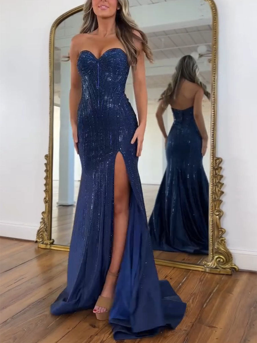 Navy Blue Strapless Sequin Prom Dress with Linear Beading - View 3 | FashionDia