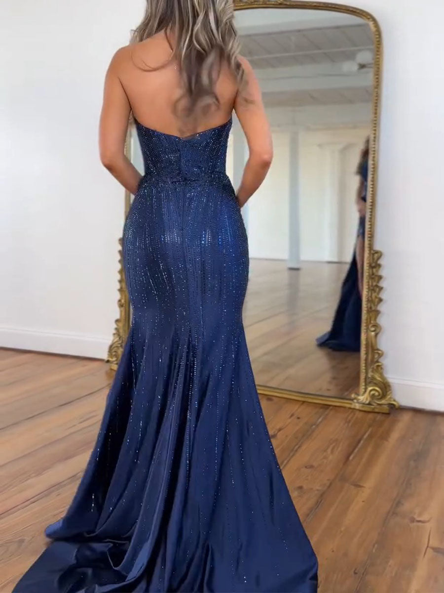 Navy Blue Strapless Sequin Prom Dress with Linear Beading - View 2 | FashionDia