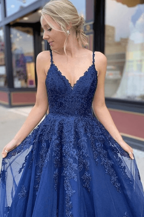 Tulle Lace A-line V-neck Prom Dresses, Long Formal Dresses - View 2 | VelvetHem