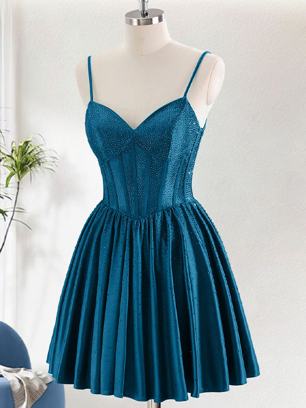 A-Line Spaghetti Straps Corset Pleated Homecoming Dress