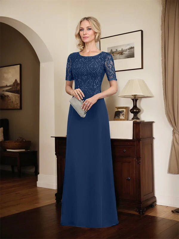A-line Scoop Floor-Length Lace Chiffon Mother of the Bride Dress With Sequins - View 10 | FashionDia