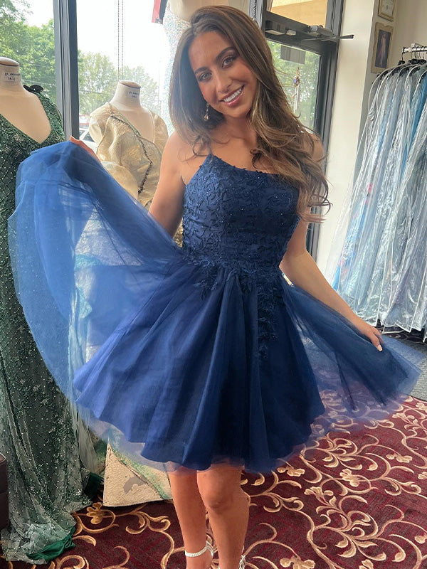 A-Line Spaghetti Straps Appliques Short Homecoming Dress
