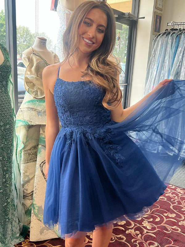 A-Line Spaghetti Straps Appliques Short Homecoming Dress - FashionDia