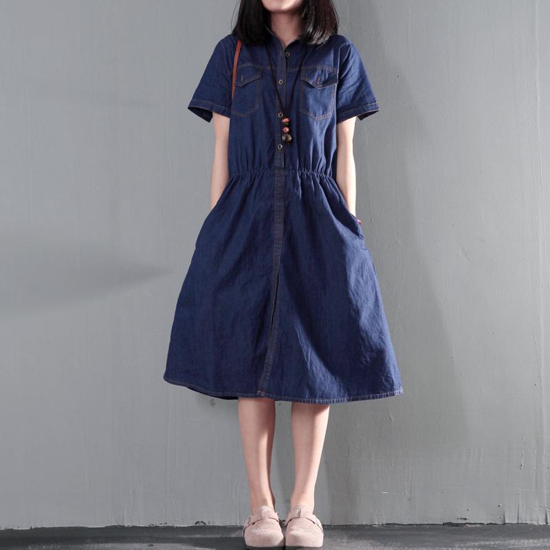 Navy blue summer denim dress tunic casual denim sundress plus size thin for summer