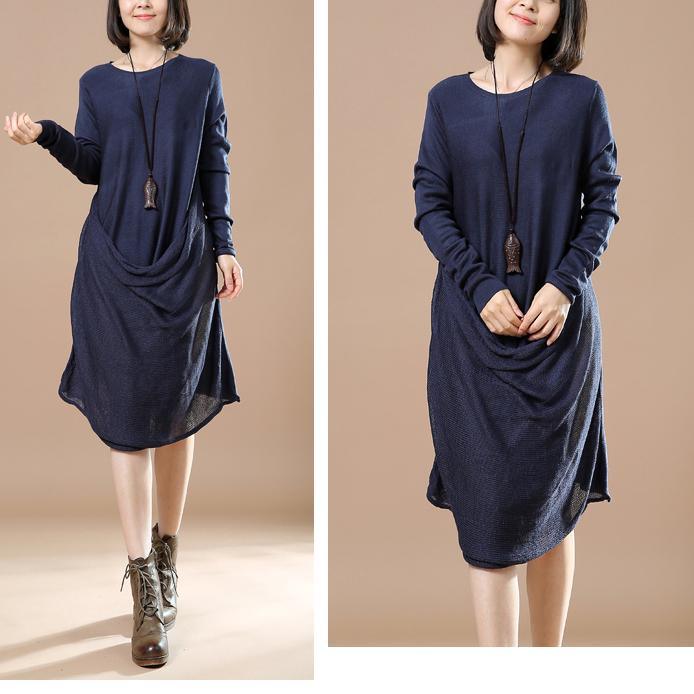 Navy draping design sweater dresses