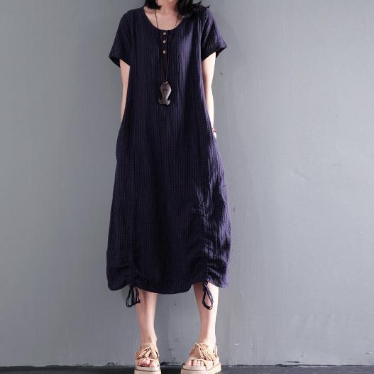 Navy drawstring linen maxi dress for summer unique long sundresses