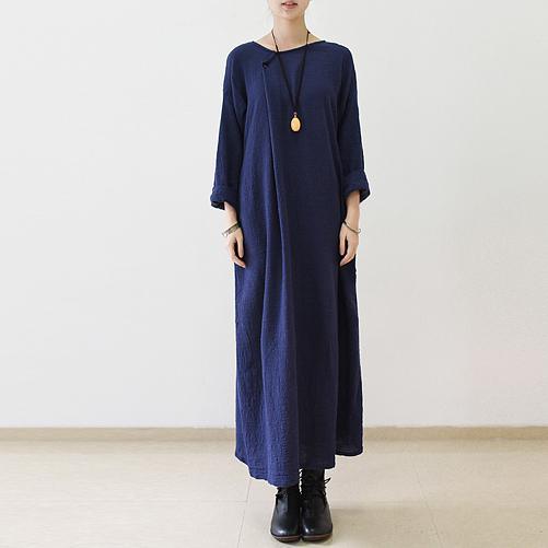 Navy oversize long sleeve linen dress plus size linen maxi dresses caftans