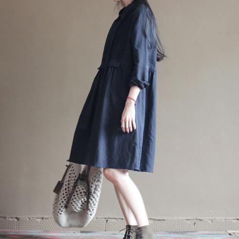 Navy pleated breast cotton dresses original design linen dress