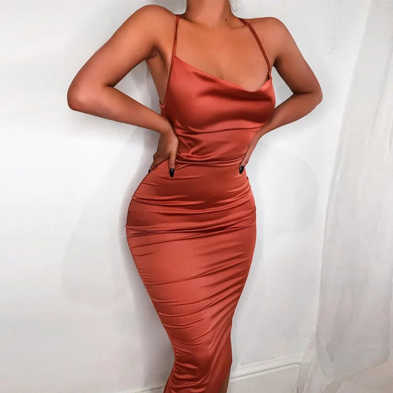 Satin Lace Up Pink Backless Midi Dress - View 3 | VelvetHem