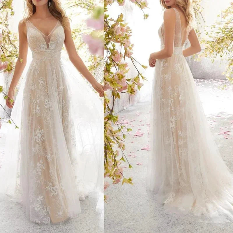 New European and American Foreign Wedding Dress Sexy Fashion V-neck Sleeveless Lace Wedding Dress (ZD14267)