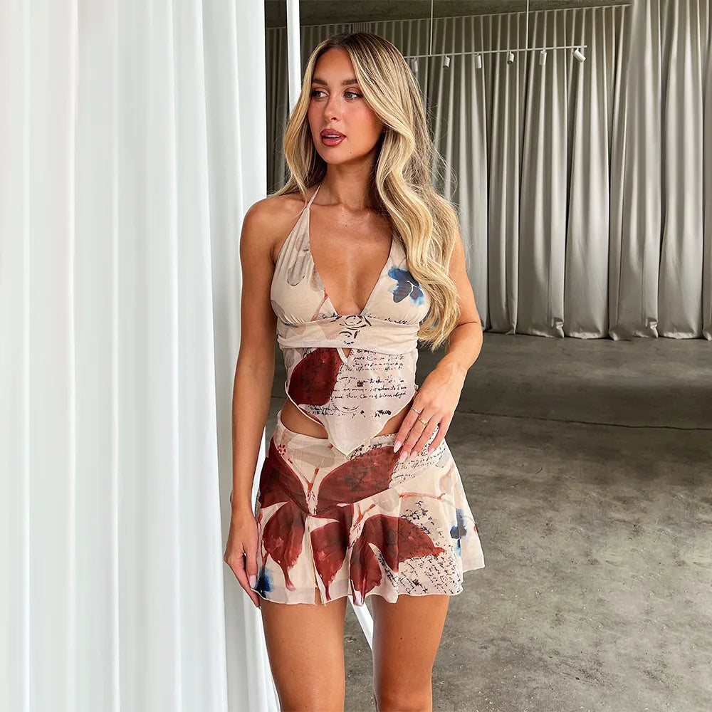 DressBetty - Deep V-neck Floral Halter Mini Skirt