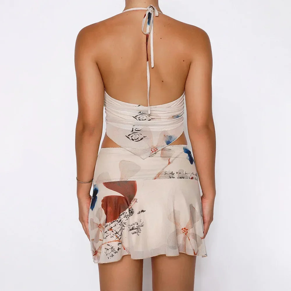 DressBetty - Deep V-neck Floral Halter Mini Skirt
