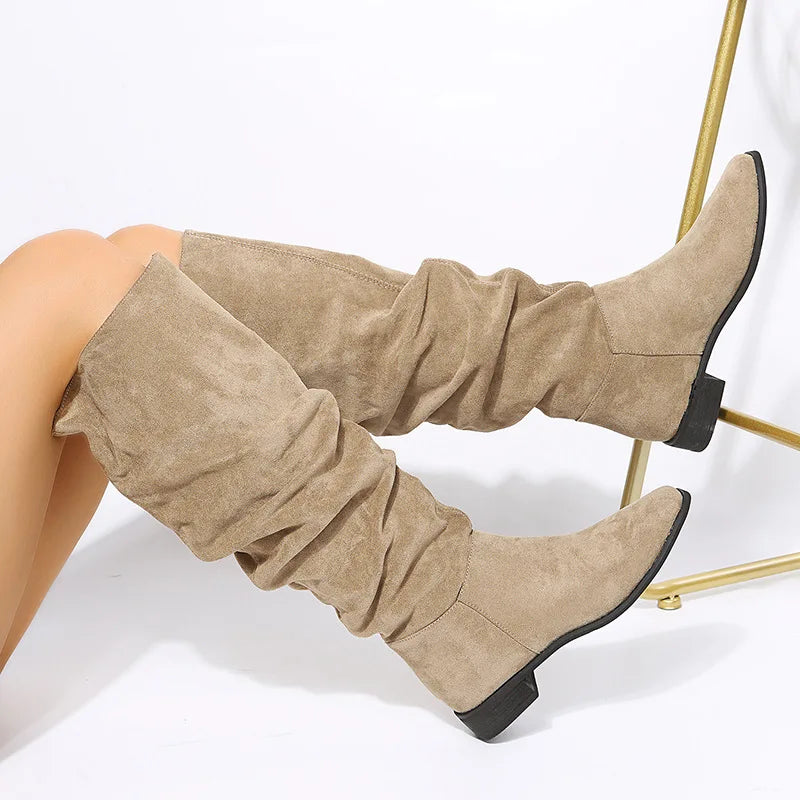 New Quality Pleated Faux Suede Flock Flat Autumn Winter Dress Knee High Boots - VelvetHem