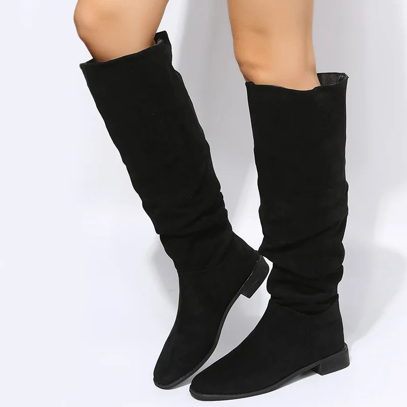 New Quality Pleated Faux Suede Flock Flat Autumn Winter Dress Knee High Boots - View 6 | VelvetHem