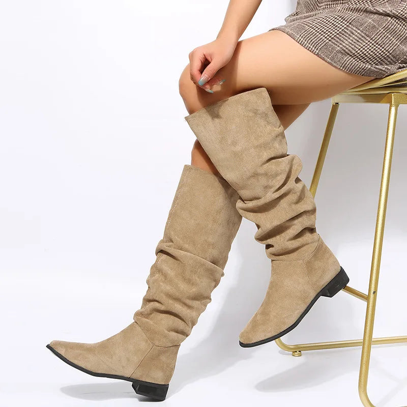 New Quality Pleated Faux Suede Flock Flat Autumn Winter Dress Knee High Boots - View 2 | VelvetHem