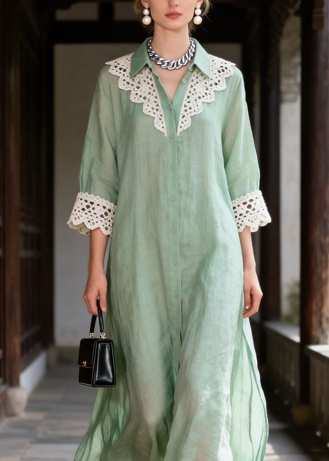 New Light Green Peter Pan Collar Lace Patchwork Cotton Dress Summer