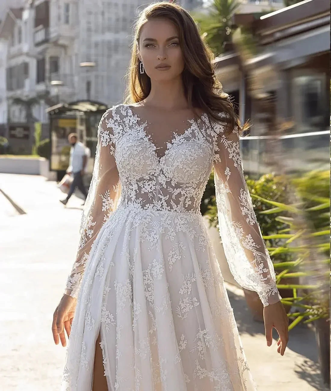 New Long Sleeves Vestidos De Novia Appliques Vestido De Noiva V-Neck Backless Wedding Dresses Lace Robe De Mariée (ZD14071)