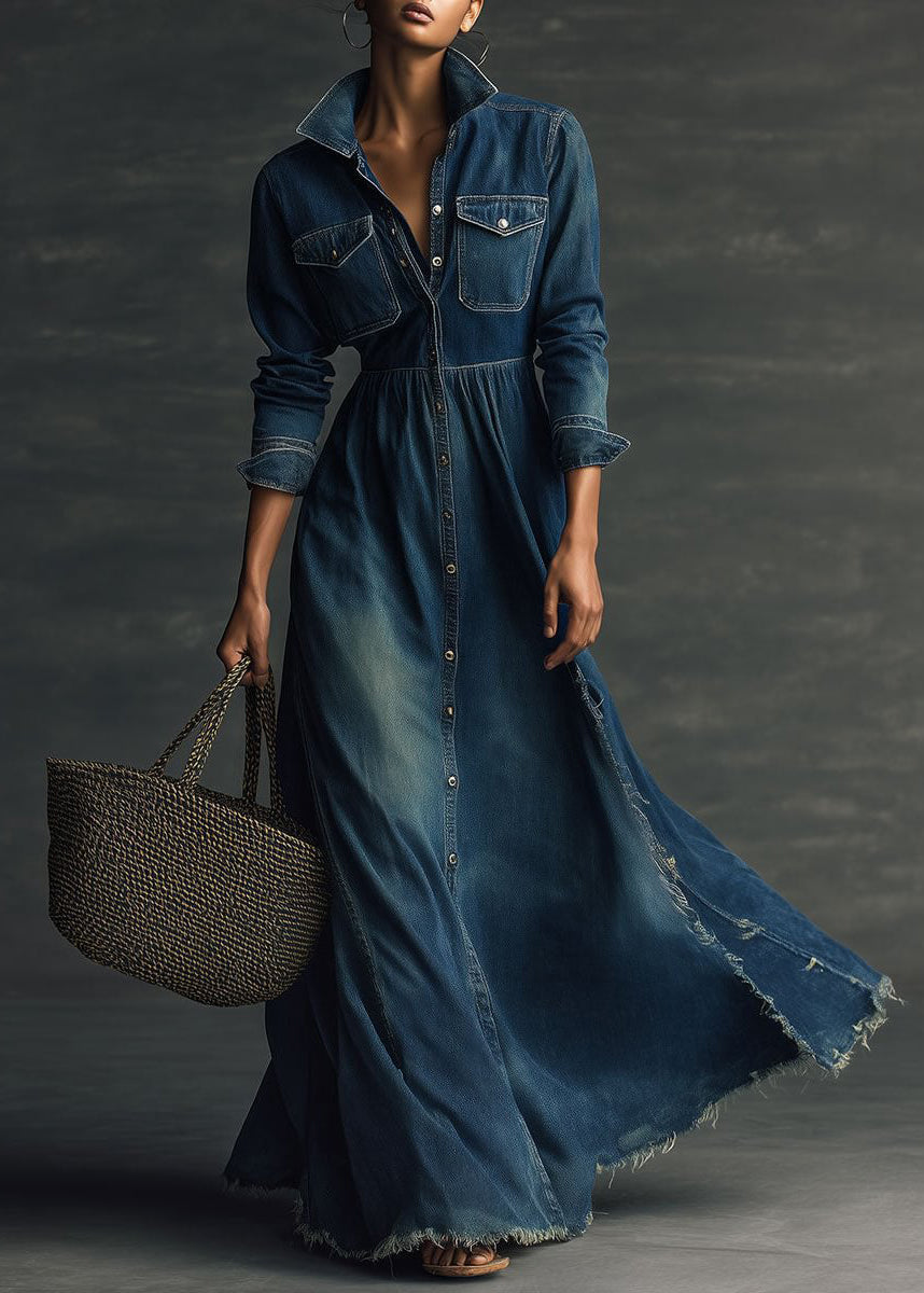 New Navy Peter Pan Collar Pockets Patchwork Denim Long Dress Fall