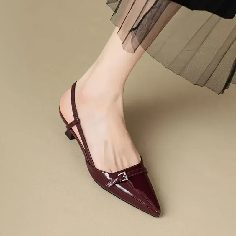 New Summer Dress Shoes Pointed Toe Buckle Slingbacks Patent Leather Slip on Low Heel Pumps - View 4 | VelvetHem
