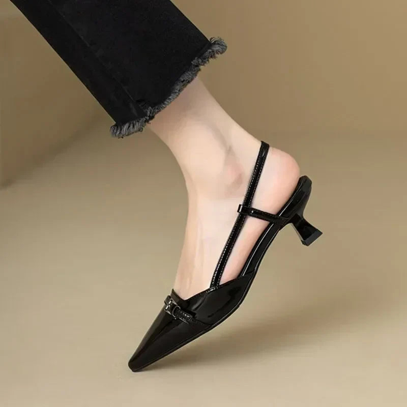 New Summer Dress Shoes Pointed Toe Buckle Slingbacks Patent Leather Slip on Low Heel Pumps - View 2 | VelvetHem