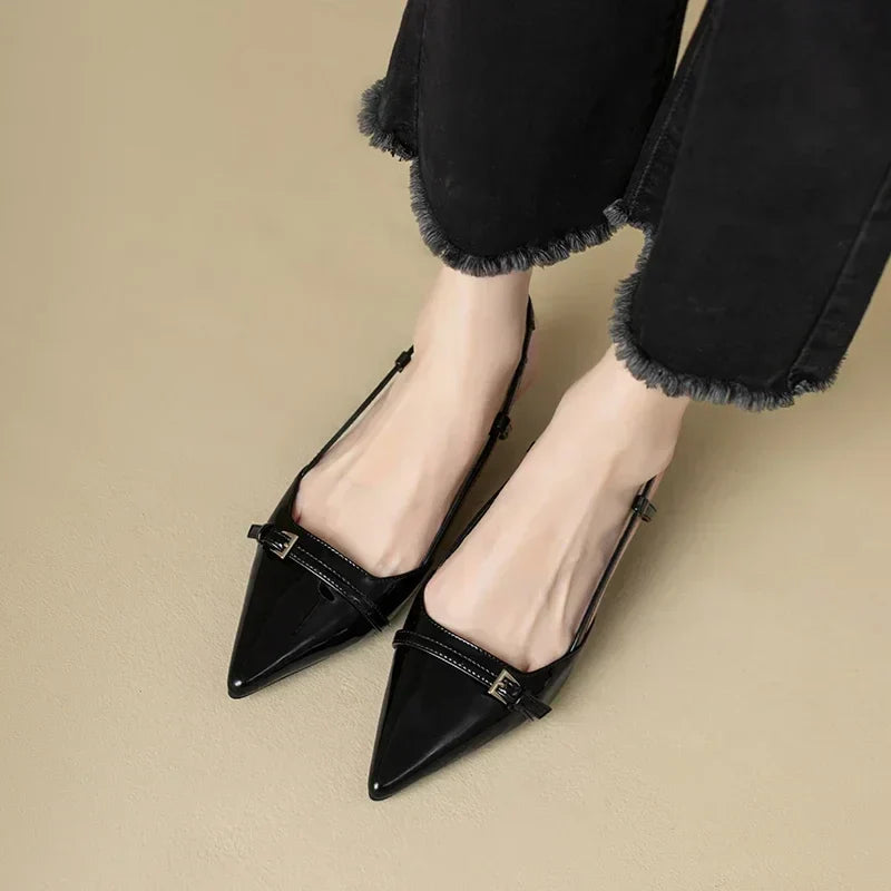 New Summer Dress Shoes Pointed Toe Buckle Slingbacks Patent Leather Slip on Low Heel Pumps - View 6 | VelvetHem