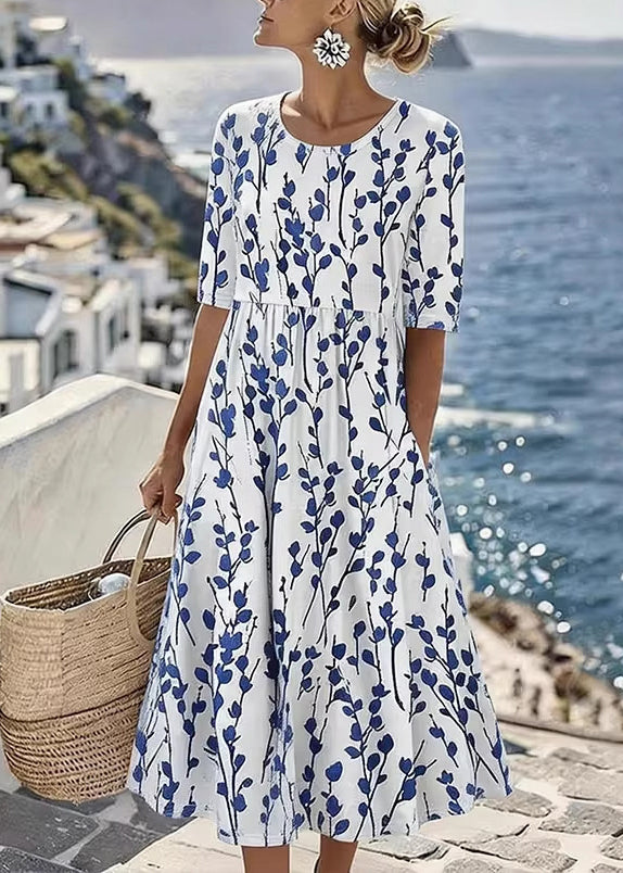 New White O Neck Print Pockets Chiffon Maxi Dress Summer