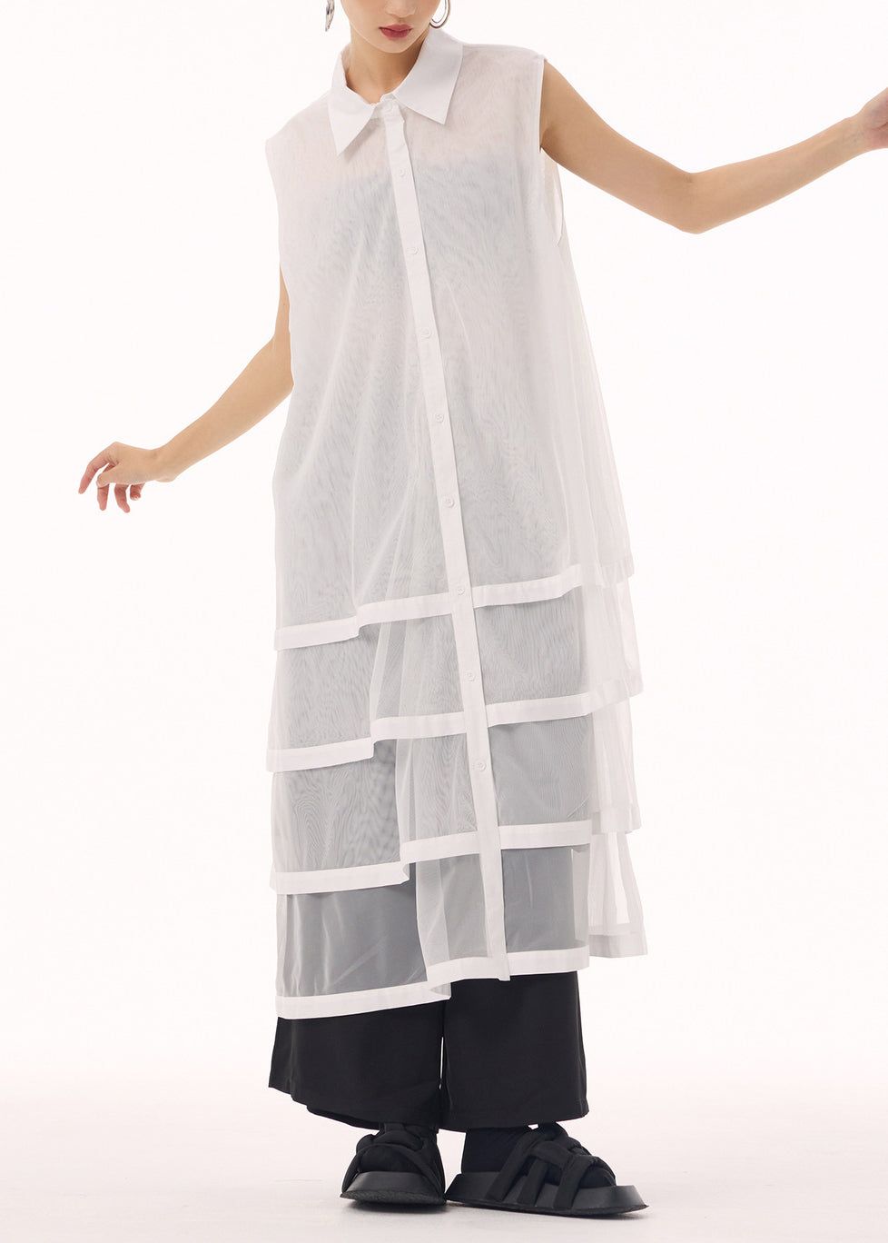 New White Peter Pan Collar Tulle Patchwork Cotton Maxi Dresses Sleeveless