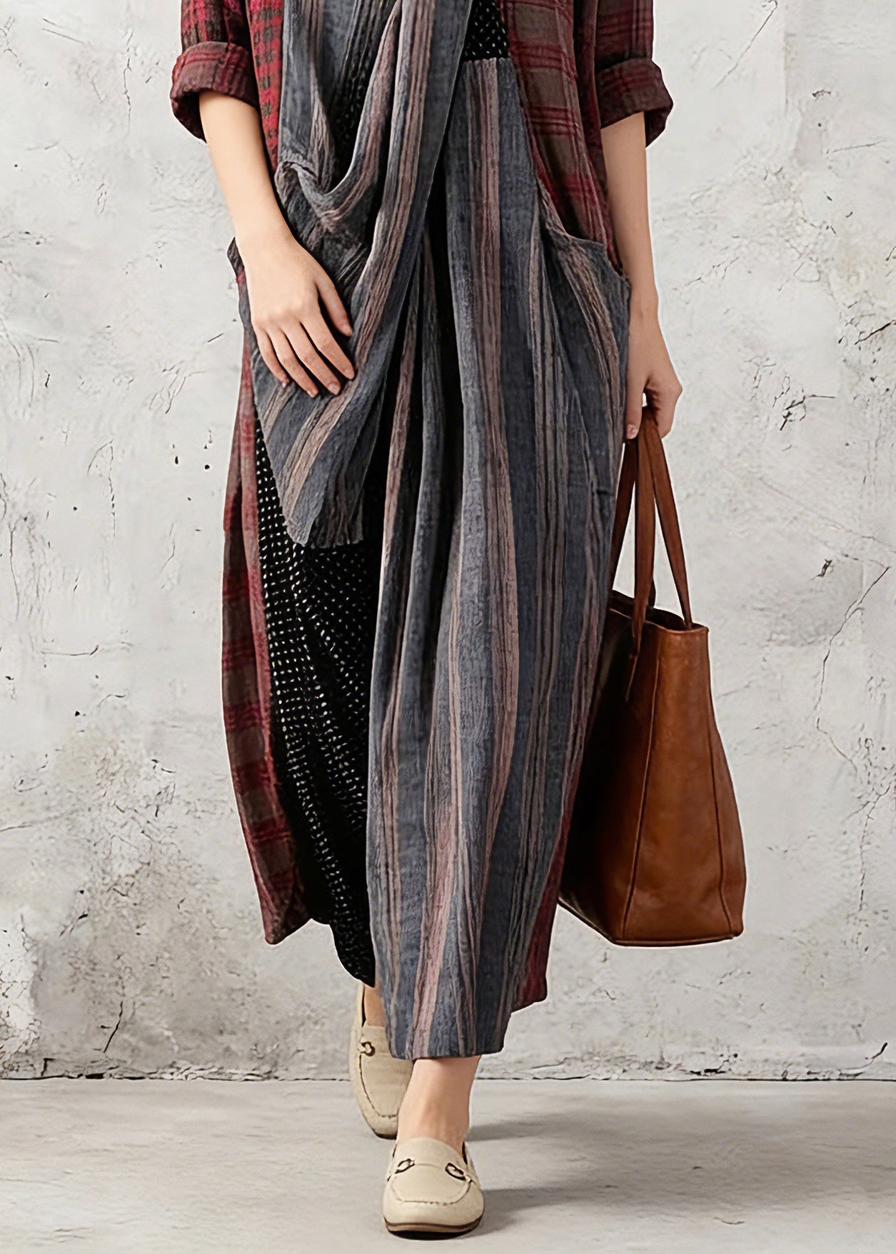New red Plaid Oversize V Neck Patchwork Linen Clothing Dress Women Pockets Asymmetrical Design Caftans1