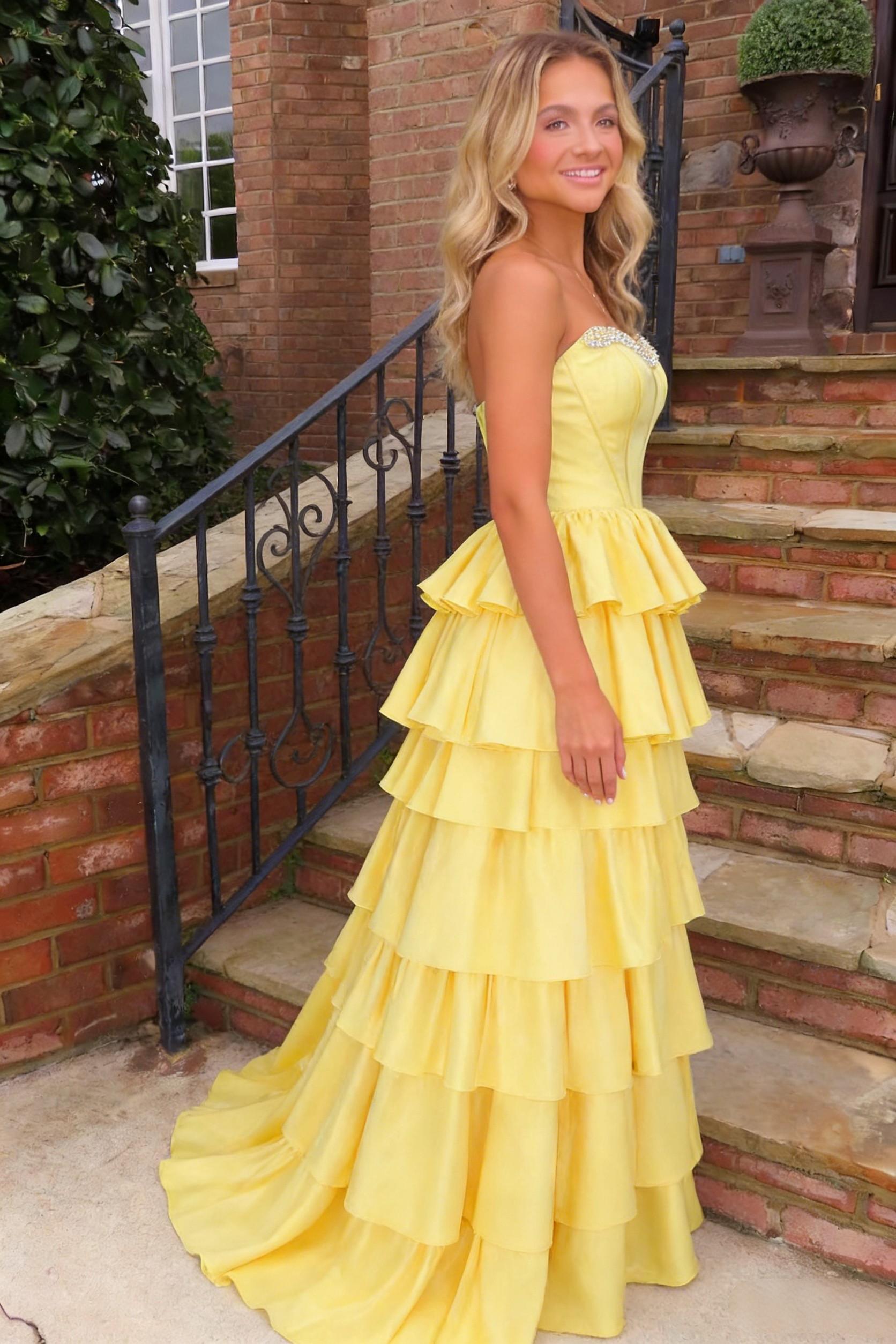 Sweety A Line Strapless Yellow Satin Prom Ball Gown with Tiered Ruffle