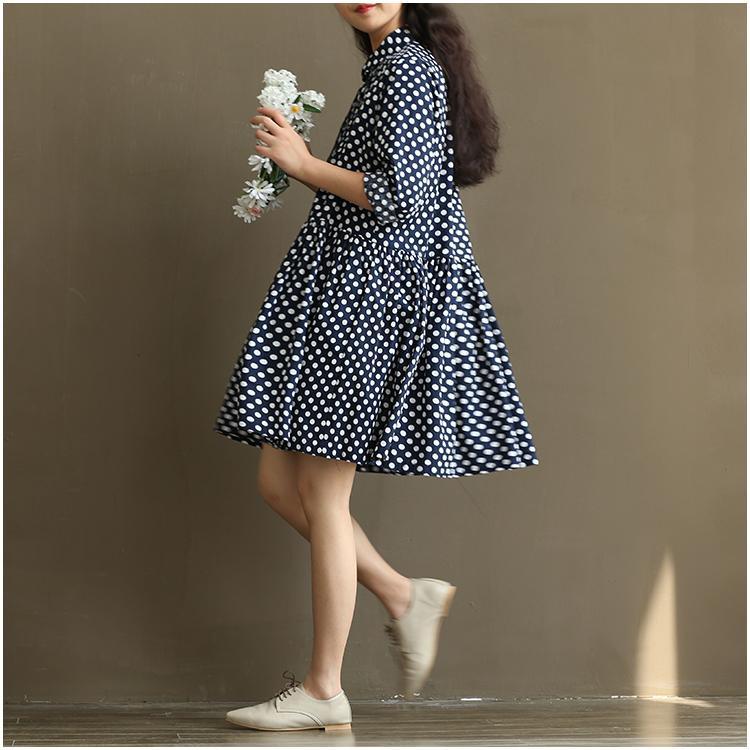 New blue dotted sundress plus size cotton summer dresses navy