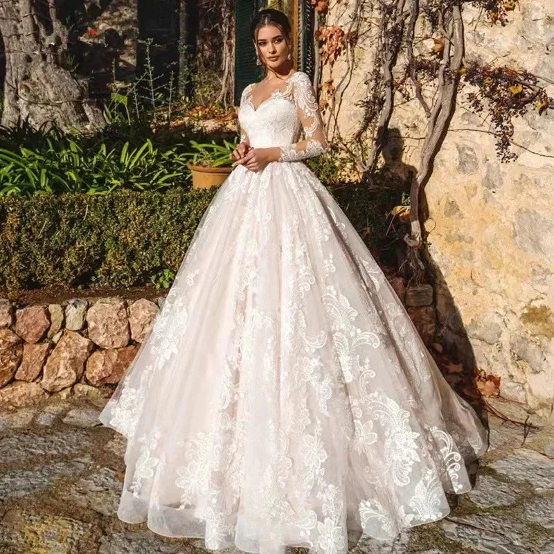 Newest Ball Gown Wedding Dress Elegant Long Sleeve Robe De Mariee Illusion Back Trouwjurk O-Neck Gorgeous vestidos de novia (ZD14116) - View 4 | VelvetHem