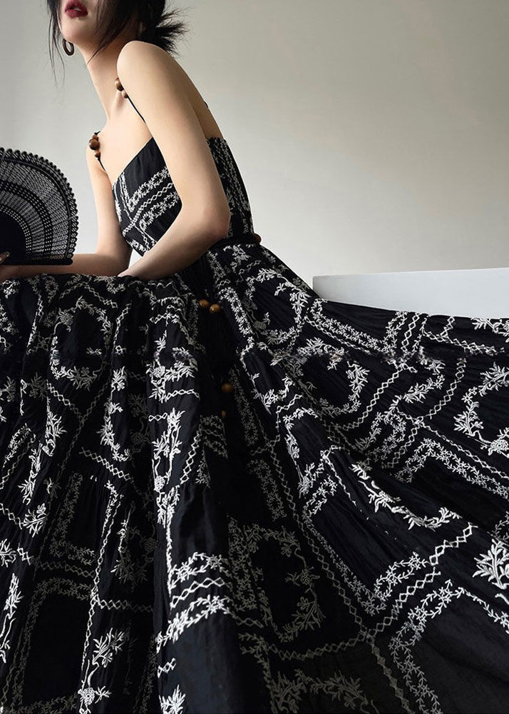 Novelty Black Print Tie Waist Cotton Spaghetti Strap Dress Sleeveless