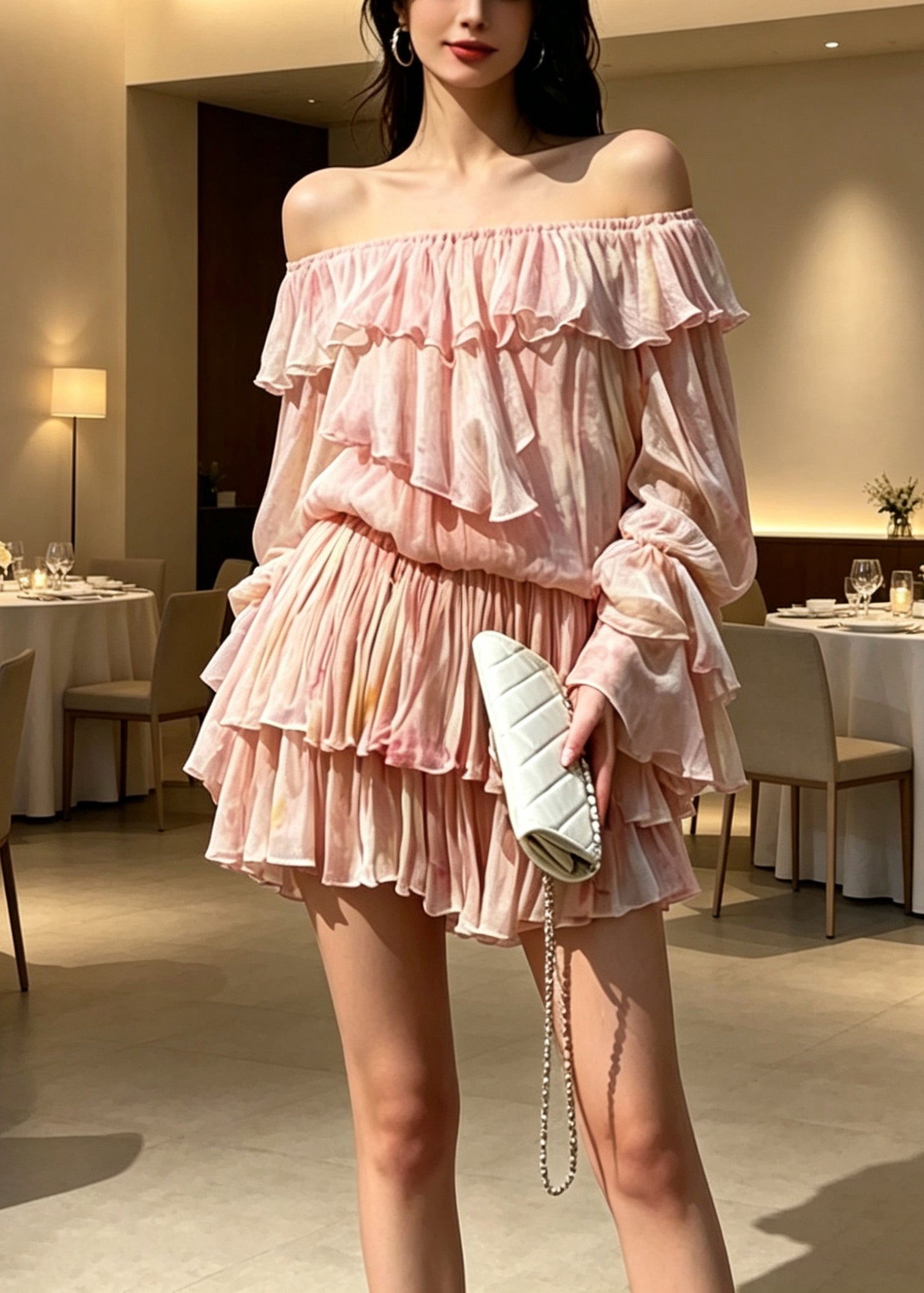Novelty Pink Ruffled Patchwork Cold Shoulder Chiffon Mid Dress Long Sleeve